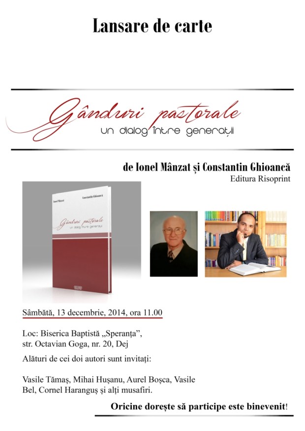Afis lansare carte Ionel Mânzat, Costel Ghioancă - Gânduri pastorale