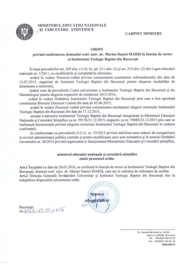 MENCS - Ordin Ministru Confirmare Rector Marius Daniel Maris